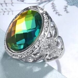 Fashion Cubic Zircon Rings Vintage Antique Silver Color Hollow Big Ring Size 9